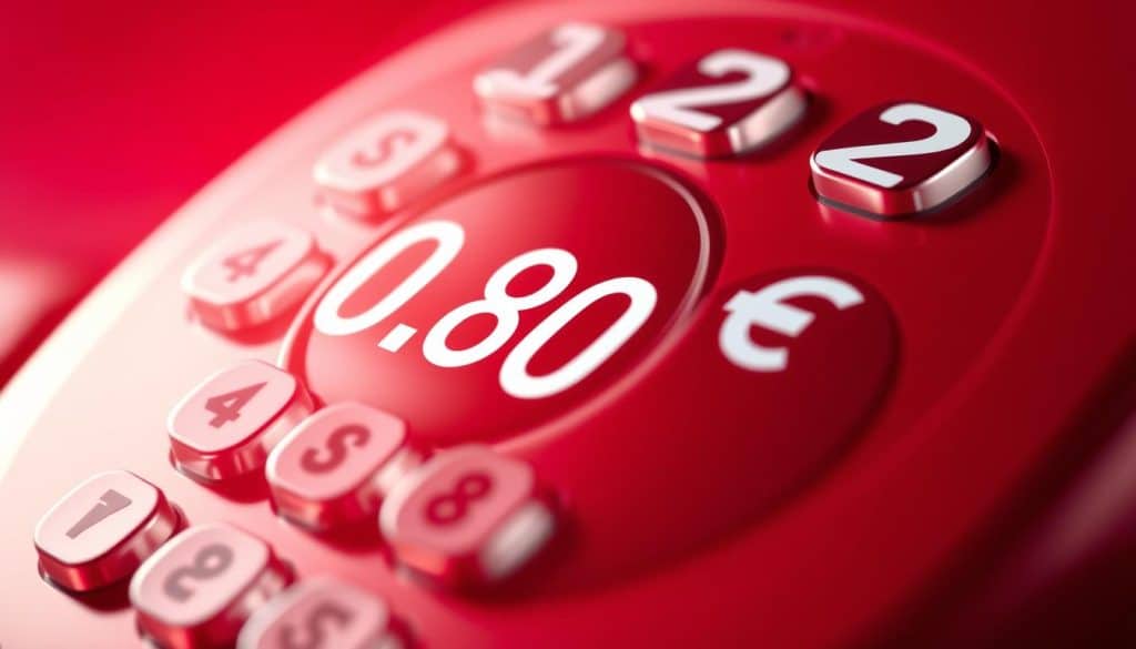 A brightly lit close-up shot of a shiny, metallic analog telephone keypad, with each number button clearly labeled in bold white font against a deep red backdrop. The edges of the keypad are slightly blurred, drawing the viewer's attention to the center of the frame where the numbers 0.80€ are prominently displayed in a large, elegant font. The overall mood is sleek, modern, and evocative of the high-quality, transparent pricing the text "Tarification Claire" suggests. A brightly lit close-up shot of a shiny, metallic analog telephone keypad, with each number button clearly labeled in bold white font against a deep red backdrop. The edges of the keypad are slightly blurred, drawing the viewer's attention to the center of the frame where the numbers 0.80€ are prominently displayed in a large, elegant font. The overall mood is sleek, modern, and evocative of the high-quality, transparent pricing the text "Tarification Claire" suggests.