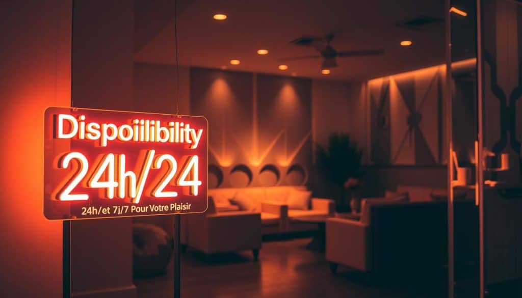 Disponibilité 24h/24 et 7j/7 Pour Votre Plaisir A warm, inviting atmosphere with a modern, minimalist design. The foreground features a large, illuminated neon sign displaying the text "Disponibilité 24h/24" in a bold, stylized font. The sign is positioned prominently, casting a soft, alluring glow across the space. In the middle ground, plush, comfortable seating arrangements create an intimate, welcoming environment. Ambient lighting, perhaps from strategically placed lamps or recessed fixtures, adds depth and a sense of coziness. The background showcases sleek, contemporary decor elements, such as geometric wall panels or abstract artwork, complementing the overall aesthetic. The lighting is warm and inviting, creating a tranquil, relaxing atmosphere that invites the viewer to indulge in the offered services. Disponibilité 24h/24 et 7j/7 Pour Votre Plaisir A warm, inviting atmosphere with a modern, minimalist design. The foreground features a large, illuminated neon sign displaying the text "Disponibilité 24h/24" in a bold, stylized font. The sign is positioned prominently, casting a soft, alluring glow across the space. In the middle ground, plush, comfortable seating arrangements create an intimate, welcoming environment. Ambient lighting, perhaps from strategically placed lamps or recessed fixtures, adds depth and a sense of coziness. The background showcases sleek, contemporary decor elements, such as geometric wall panels or abstract artwork, complementing the overall aesthetic. The lighting is warm and inviting, creating a tranquil, relaxing atmosphere that invites the viewer to indulge in the offered services.